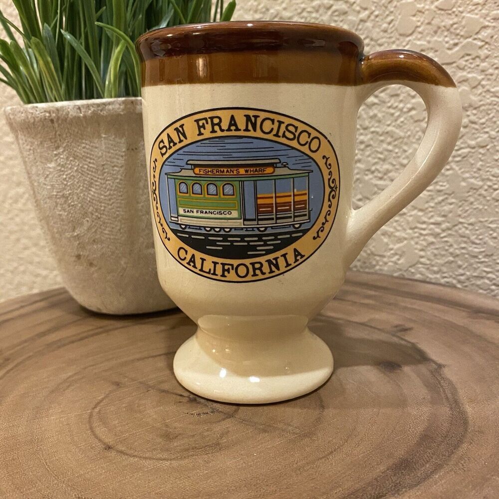 Vintage San Francisco Brown Cream Mug Footed Trolley Car California Souvenir‎